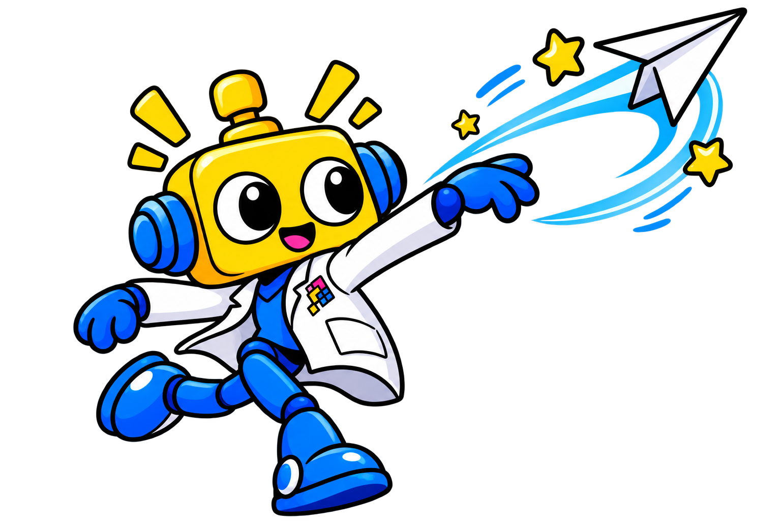 Robot menunjuk pesawat kertas yang terangkat oleh aliran udara.