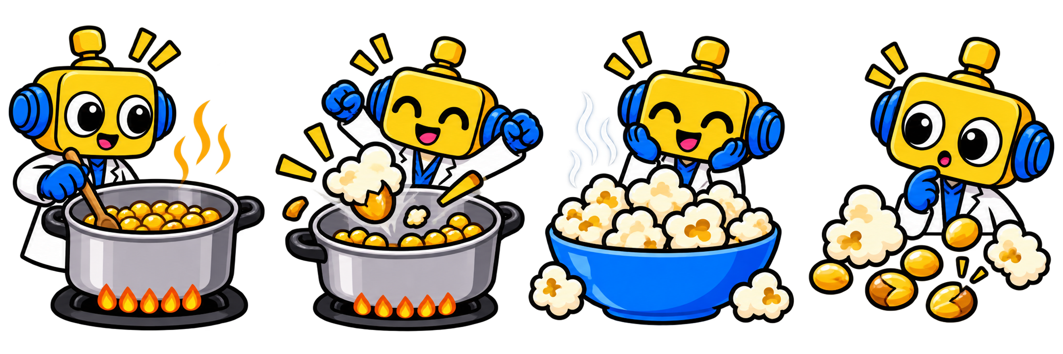 Robot memanaskan biji popcorn di panci, menyaksikan letupan, lalu melihat popcorn mengembang dan beberapa biji yang tetap utuh.