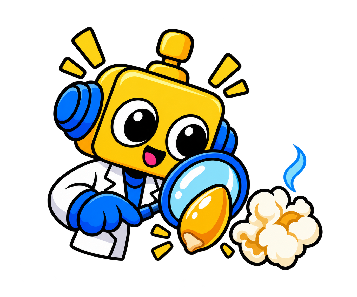 Robot memeriksa biji jagung dan popcorn dengan kaca pembesar.