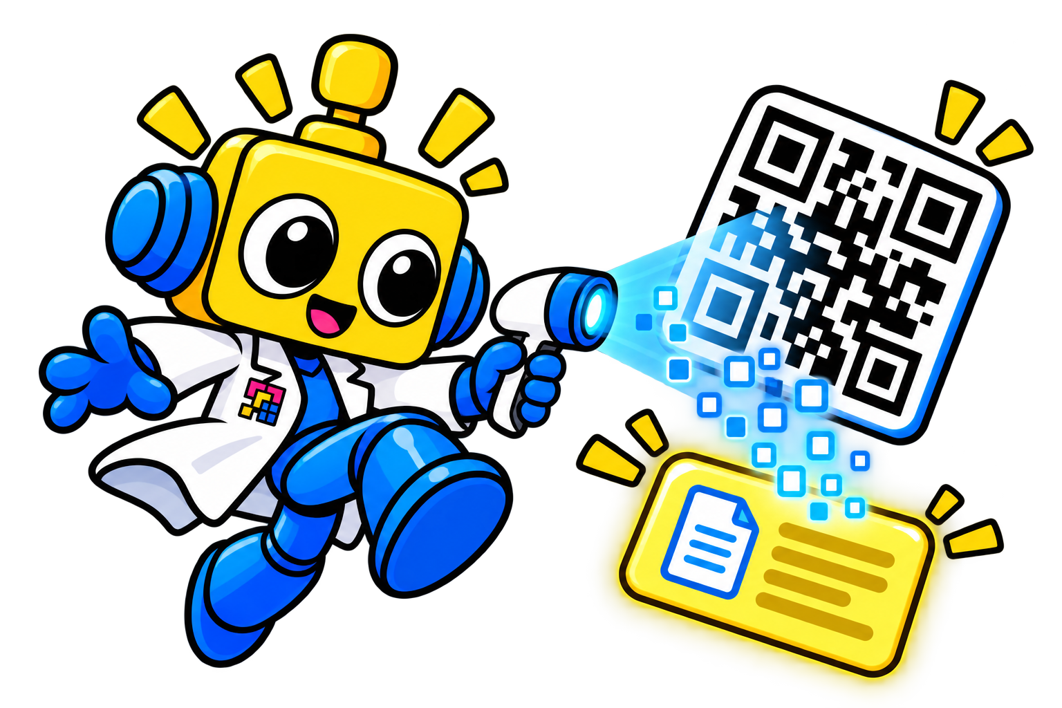 Robot melompat sambil memindai pola QR dan menangkap aliran informasi yang keluar darinya.