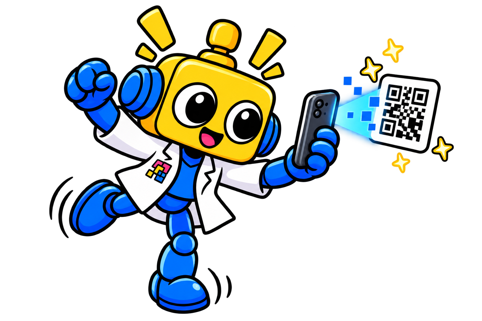 Robot memindai QR code kecil dengan ponsel sambil berputar penuh semangat.