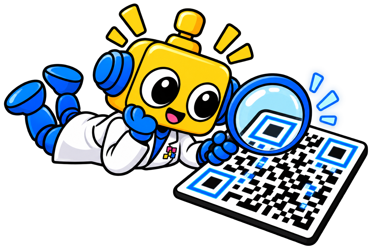 Robot memakai kaca pembesar untuk memeriksa tiga pola penanda dan modul kecil QR code.