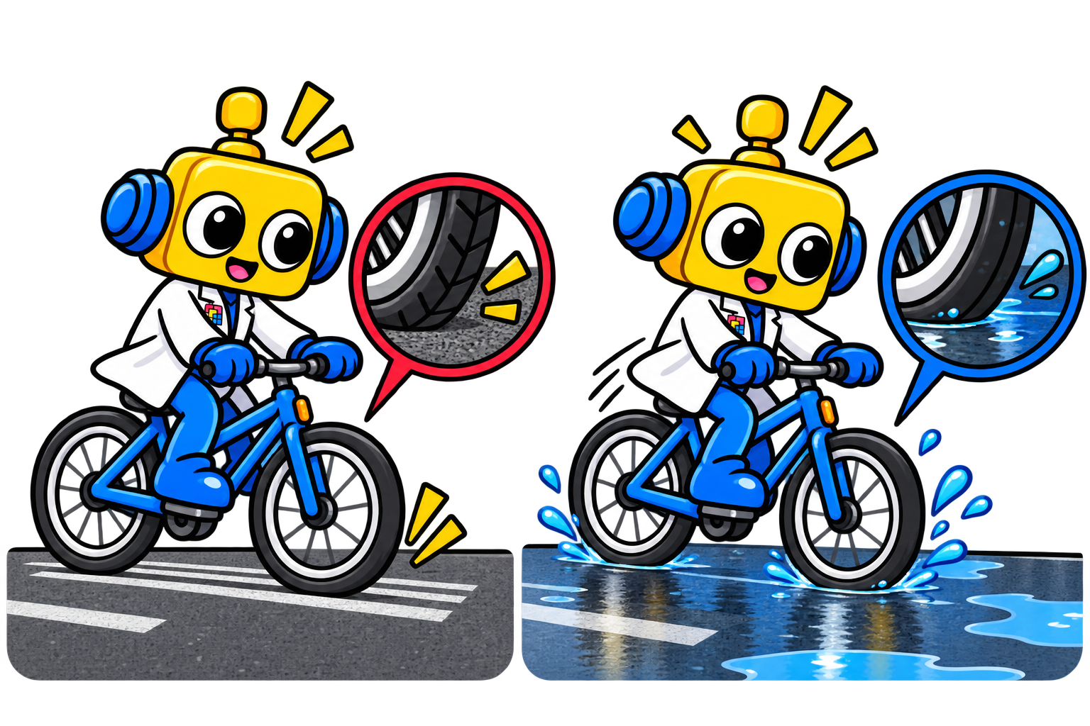 Robot pesepeda membandingkan pengereman terkendali pada jalan kering dan jalan basah.