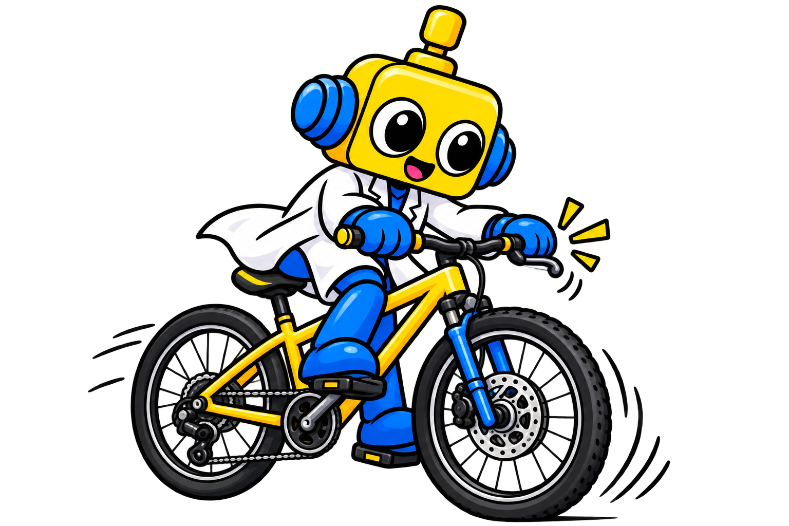 Robot ilmuwan mengerem sepeda sambil memperlihatkan ban menyentuh permukaan jalan.