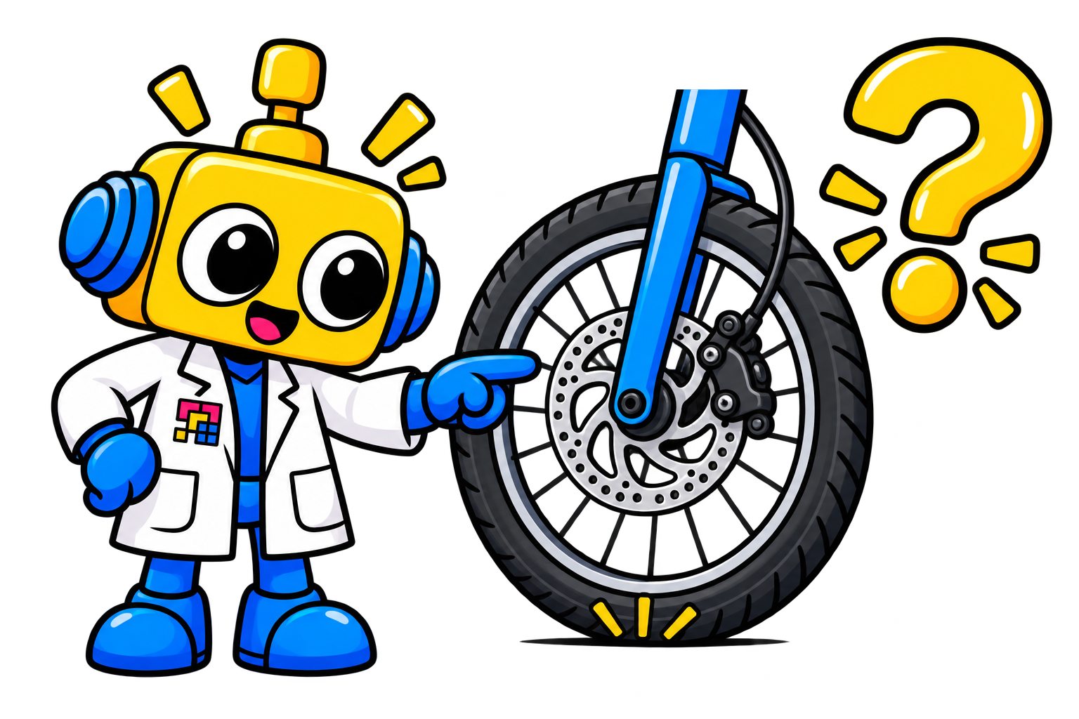 Robot menunjukkan bantalan rem di roda dan titik kontak ban dengan jalan.