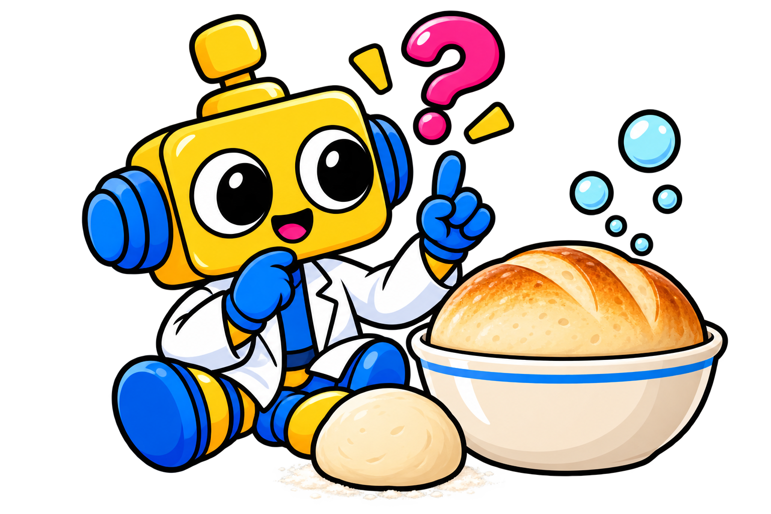 Robot berpikir di samping adonan mengembang dan sepotong roti matang.