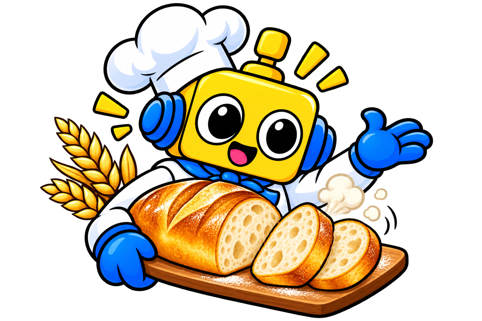 Robot memamerkan roti keemasan yang mengembang dengan remah berongga.