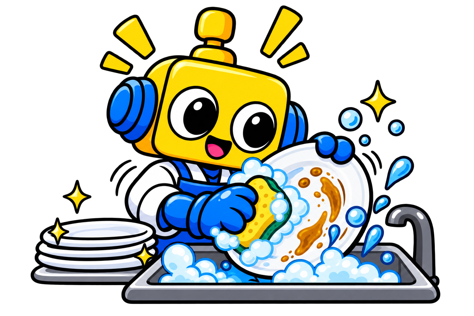 Robot menggunakan spons berbusa untuk membersihkan lapisan minyak dari piring.
