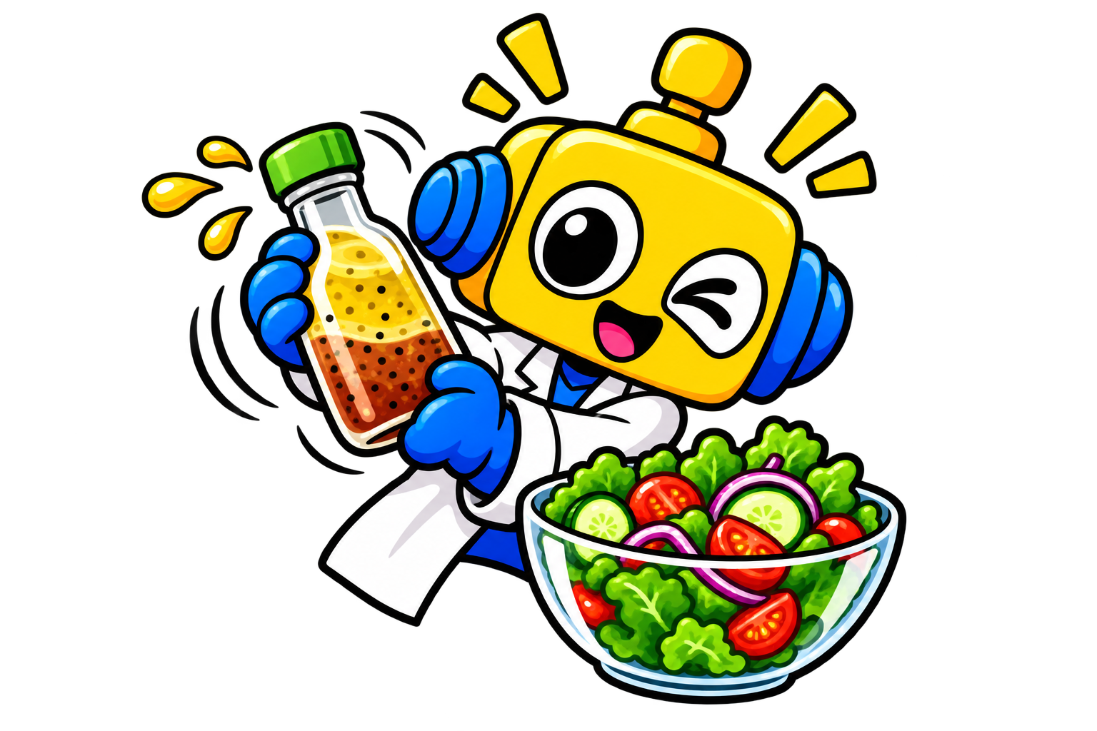 Robot menyajikan salad dengan saus minyak yang dapat meninggalkan sisa pada piring.