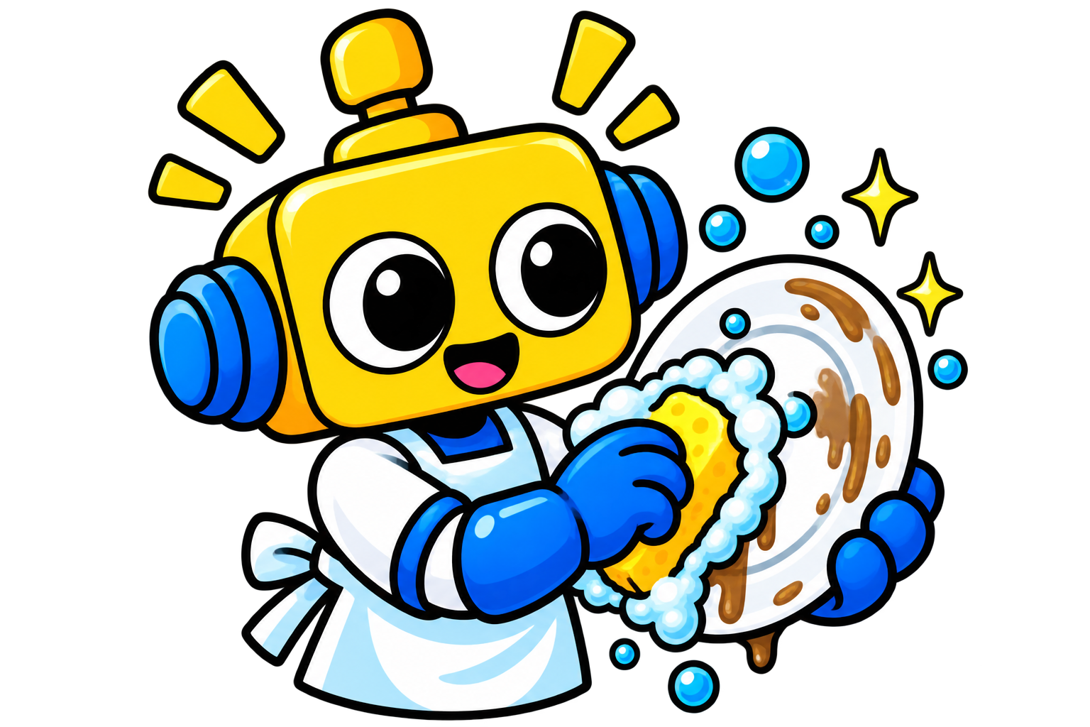 Robot menggosok piring berminyak dengan spons berbusa.
