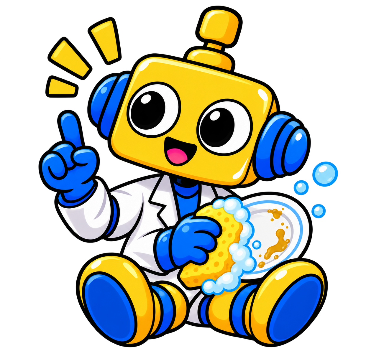 Robot memegang piring dengan minyak dan bersiap membersihkannya.