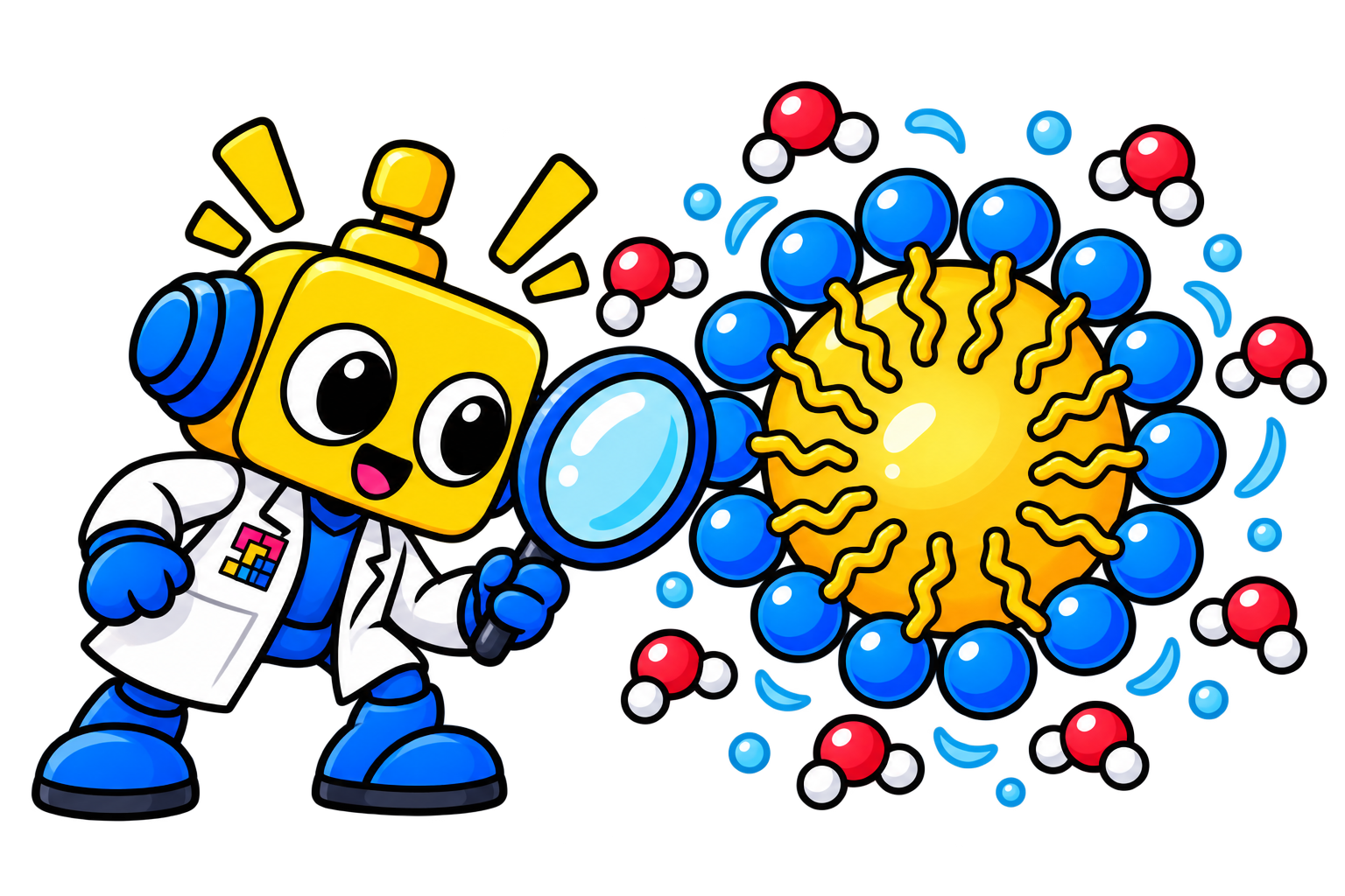 Robot mengamati tetesan minyak yang dikelilingi molekul surfaktan dengan kepala biru dan ekor kuning.