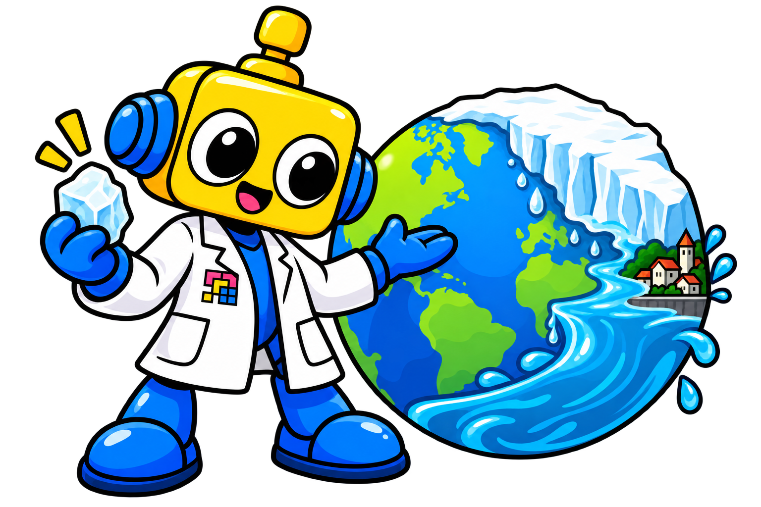 Robot ilmuwan mengamati Bumi dengan lapisan es kutub yang mencair dan air laut yang naik.