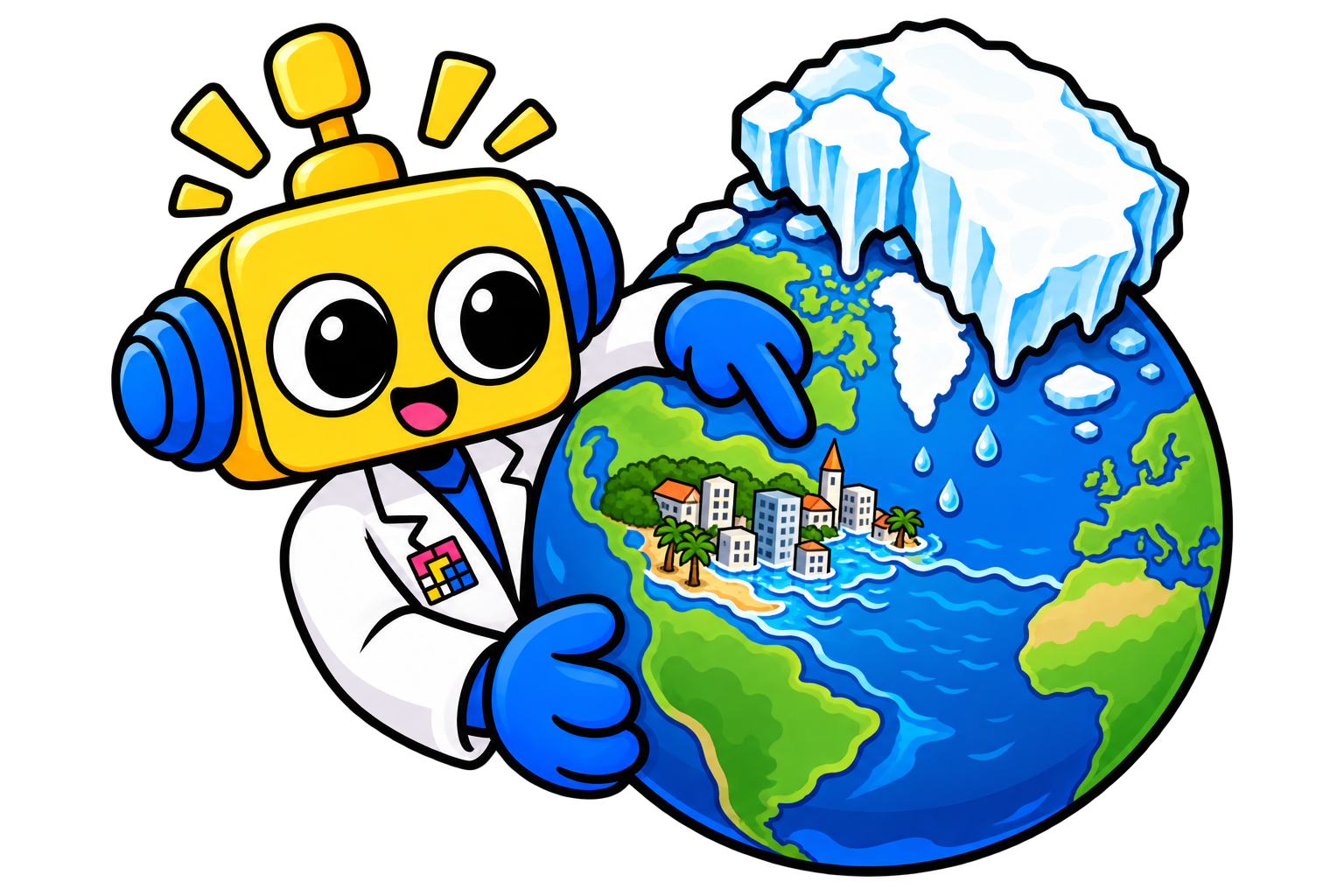 Robot menunjukkan peta dunia dan kota pesisir yang terdampak kenaikan laut dalam skenario seluruh es daratan mencair.
