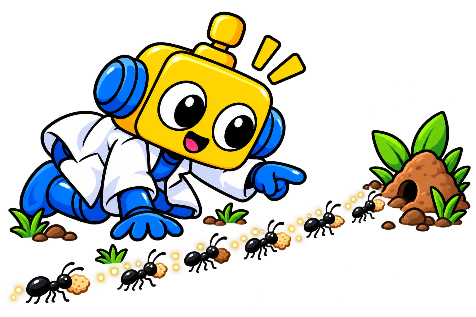 Robot mengikuti jalur semut yang membawa remah menuju sarang
