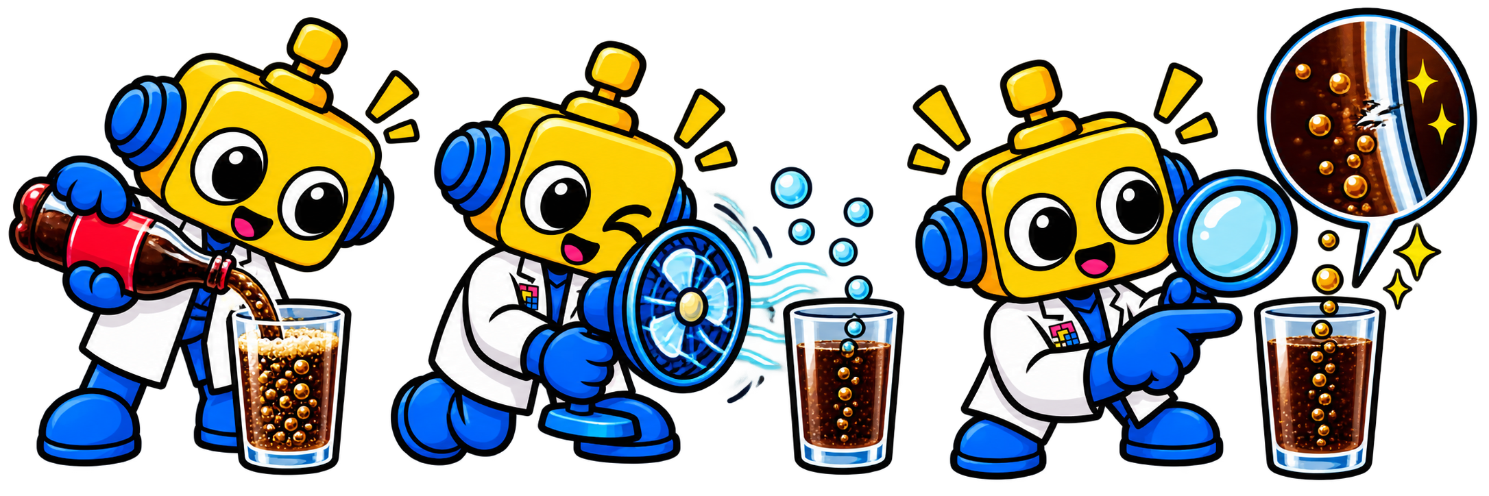 Robot menuangkan soda ke gelas, mendinginkan minuman, dan mengamati jalur gelembung pada dinding gelas.