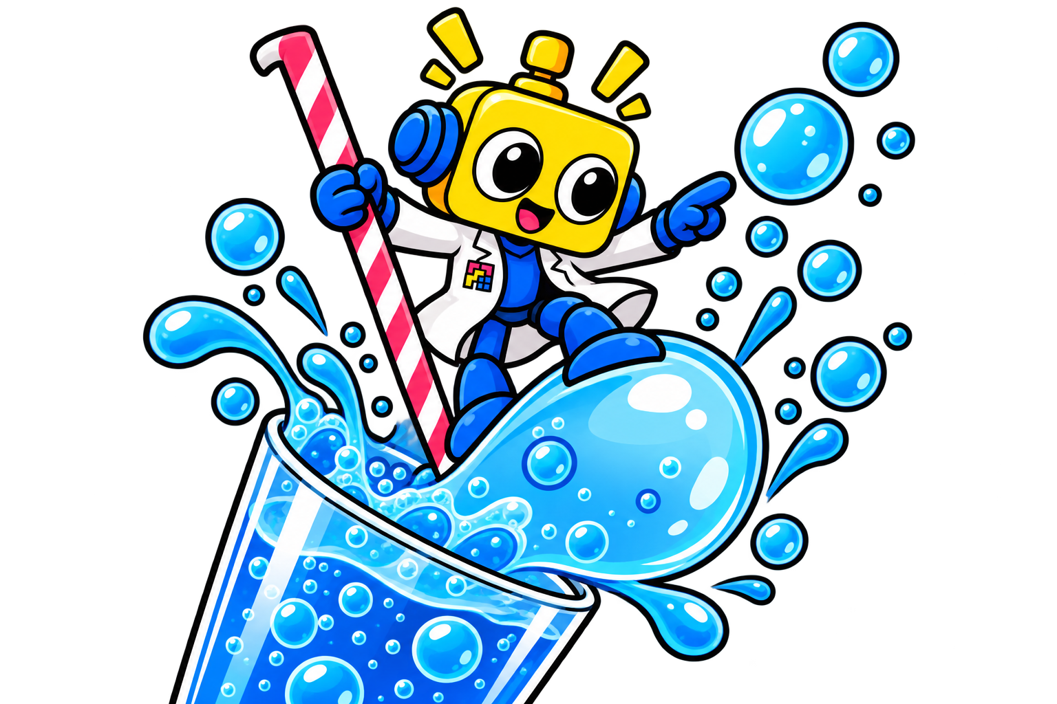 Robot berselancar di atas gelembung soda besar yang muncul dari gelas berbuih.