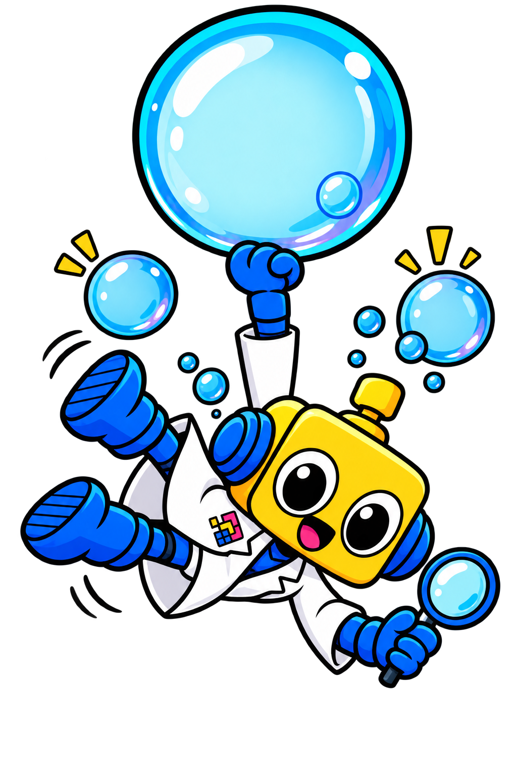 Robot bergelantungan pada gelembung soda besar sambil memegang kaca pembesar.
