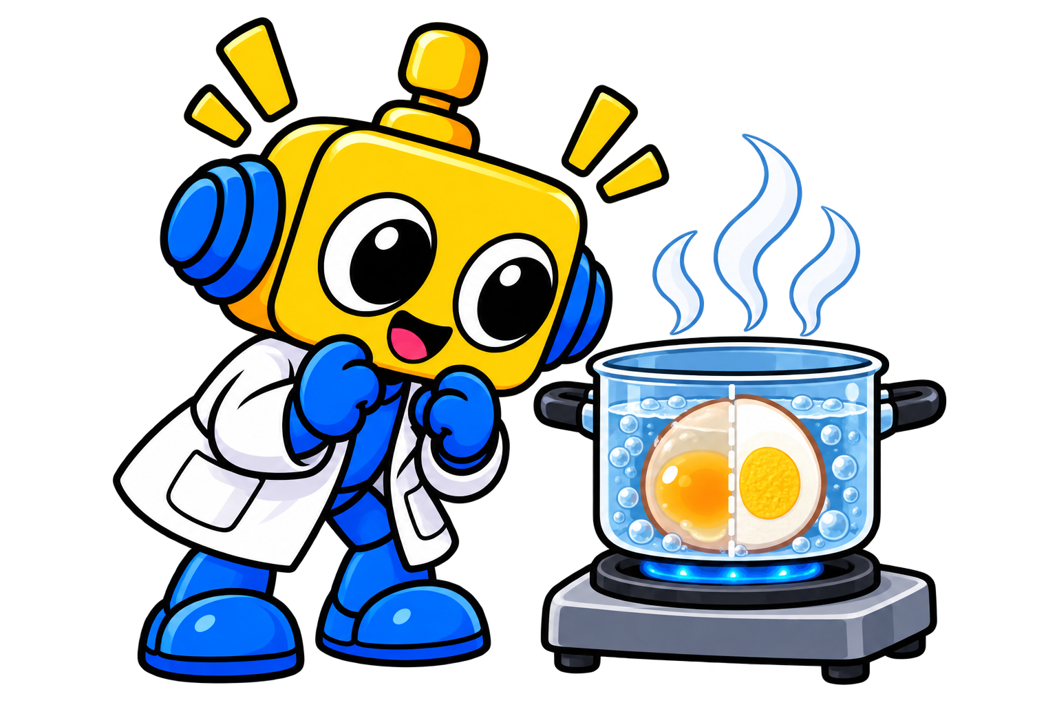 Robot mengamati telur yang dipanaskan di dalam panci bening