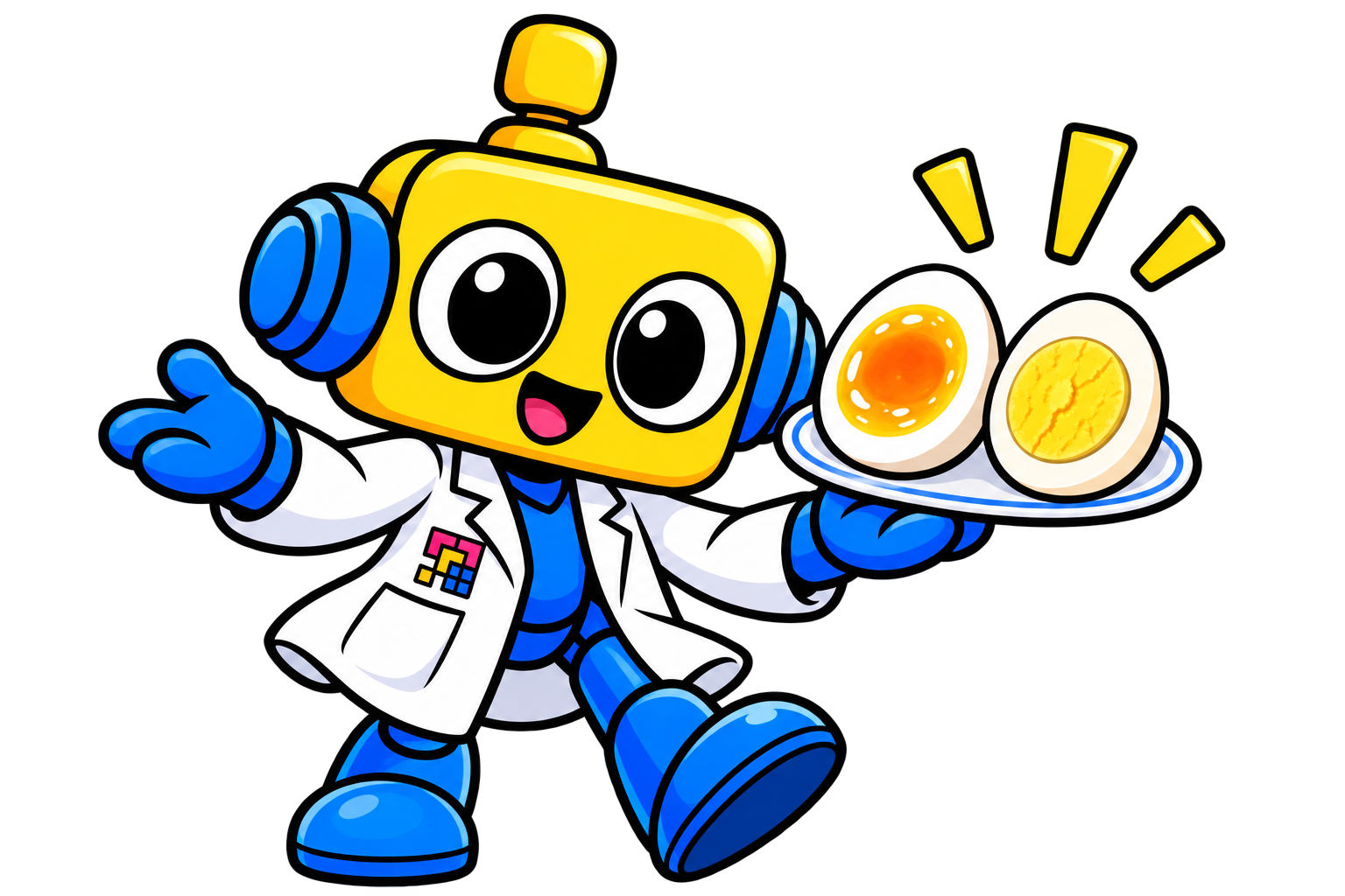 Robot menyajikan telur rebus dengan kuning telur setengah matang dan matang penuh
