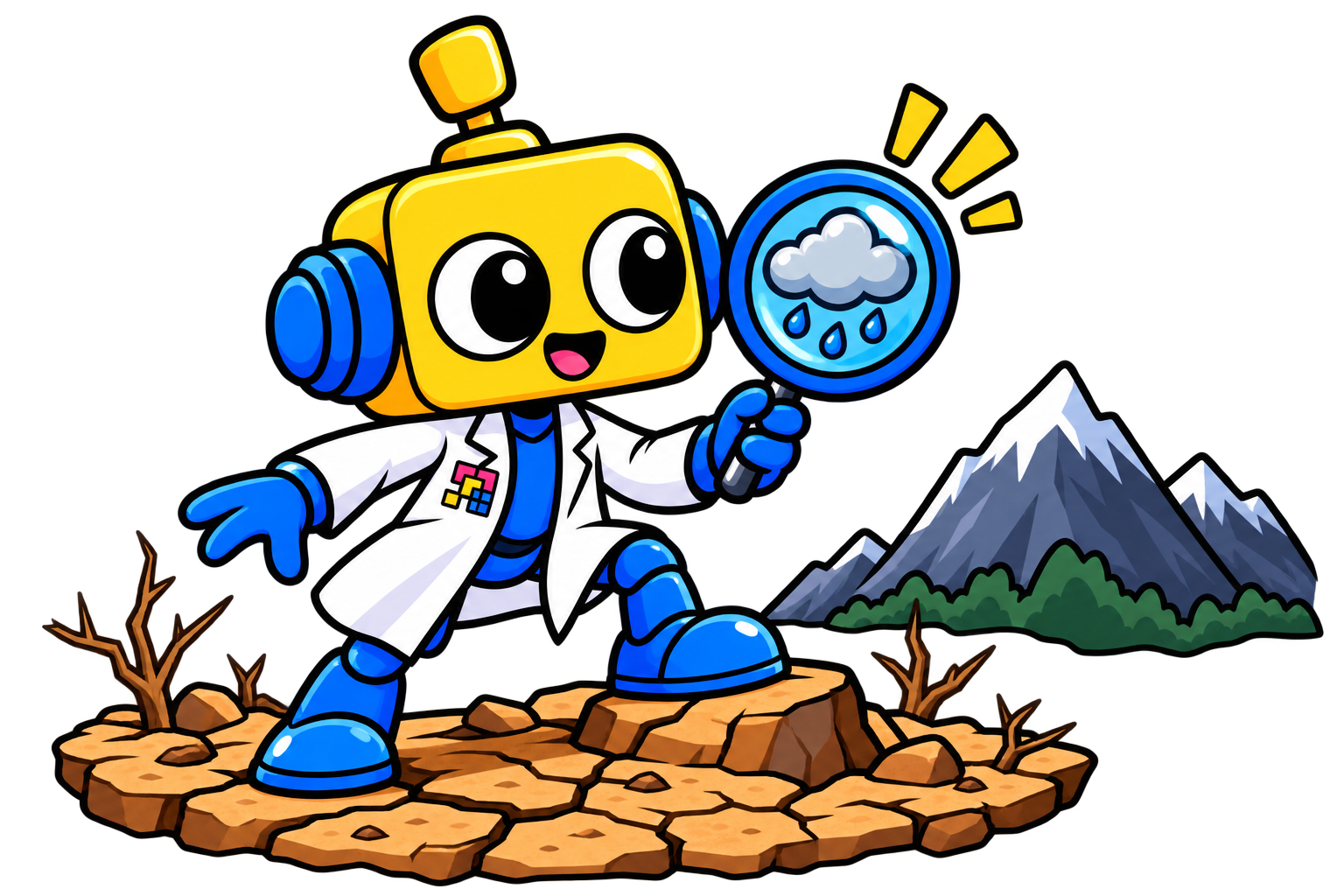 Robot ilmuwan berdiri di lanskap kering, mengamati awan yang tertahan di balik pegunungan.