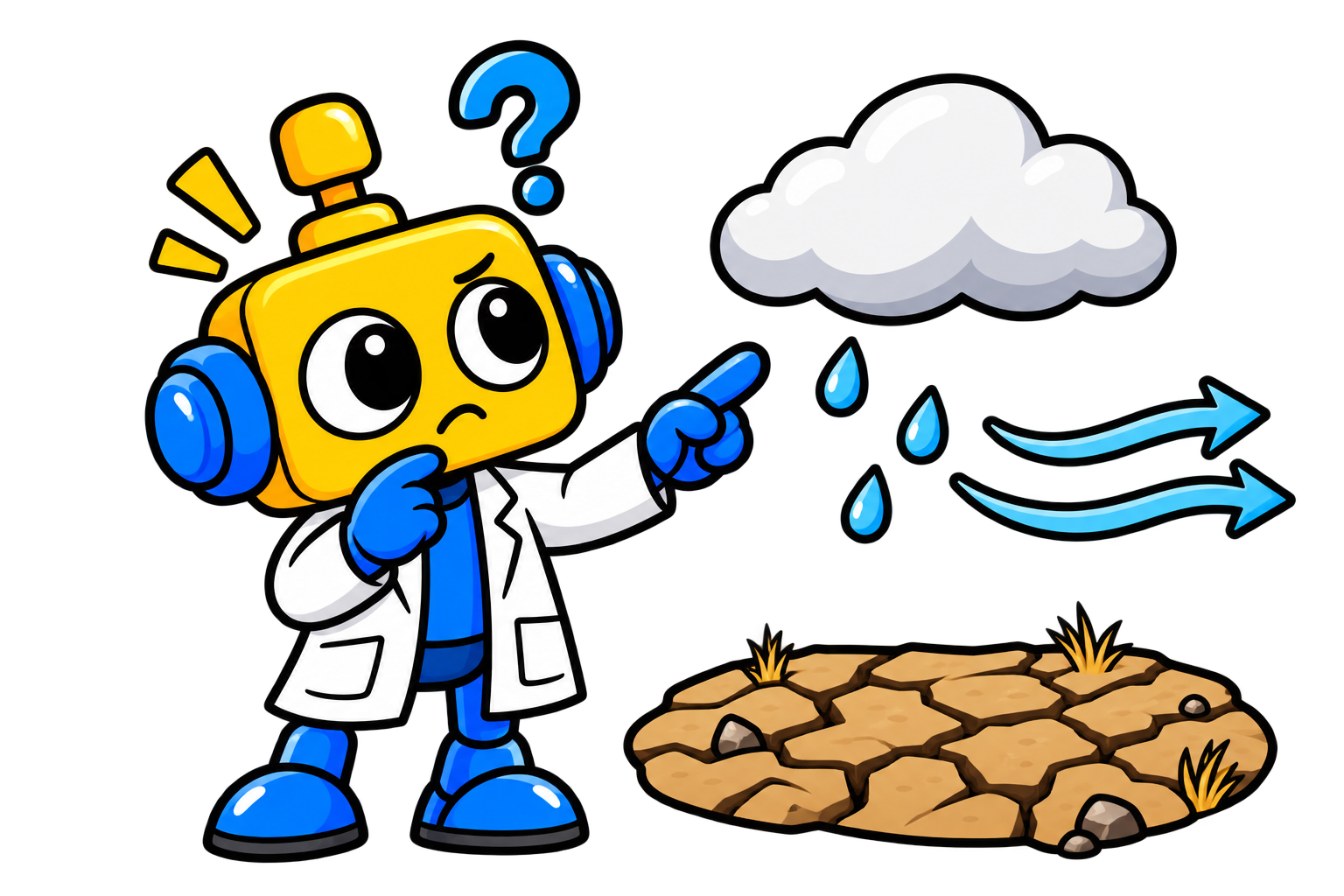Robot ilmuwan menunjuk awan kecil dan lanskap kering sambil mengamati aliran angin.