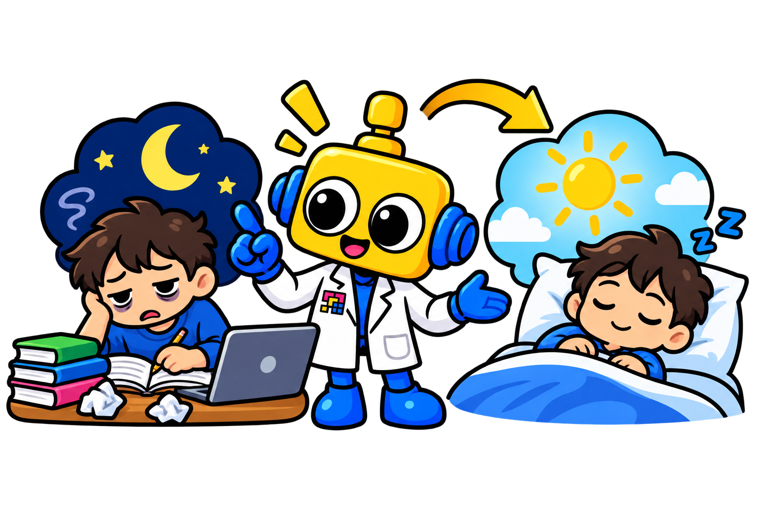 Robot membandingkan kesulitan fokus ketika mengantuk dengan istirahat malam yang cukup.