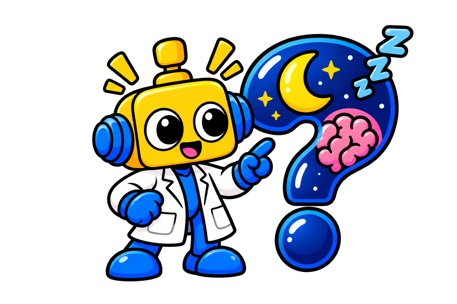 Robot ilmuwan mengamati seseorang yang sedang tidur sambil memikirkan pentingnya istirahat.