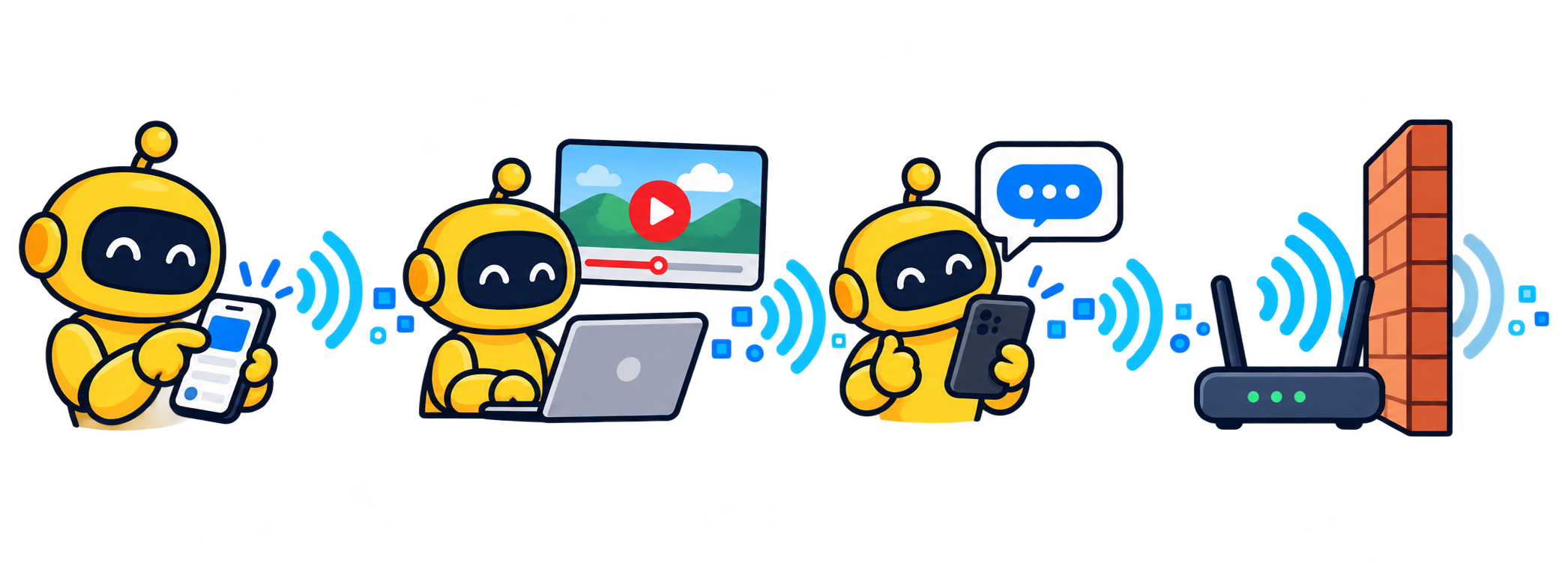 Empat adegan Wi-Fi: ponsel membuka web, laptop memutar video, ponsel mengirim pesan, dan router mengirim sinyal melewati dinding.