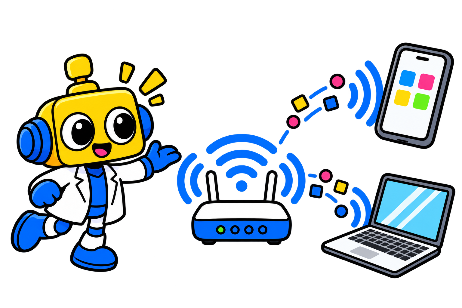 Robot menjelaskan router Wi-Fi yang bertukar data dengan ponsel dan laptop melalui gelombang radio